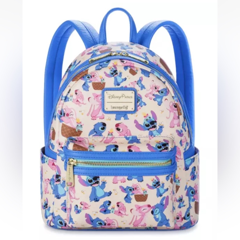 Disney Loungefly “Stitch and Angel” Blue and Pink Floral Mini Backpack.